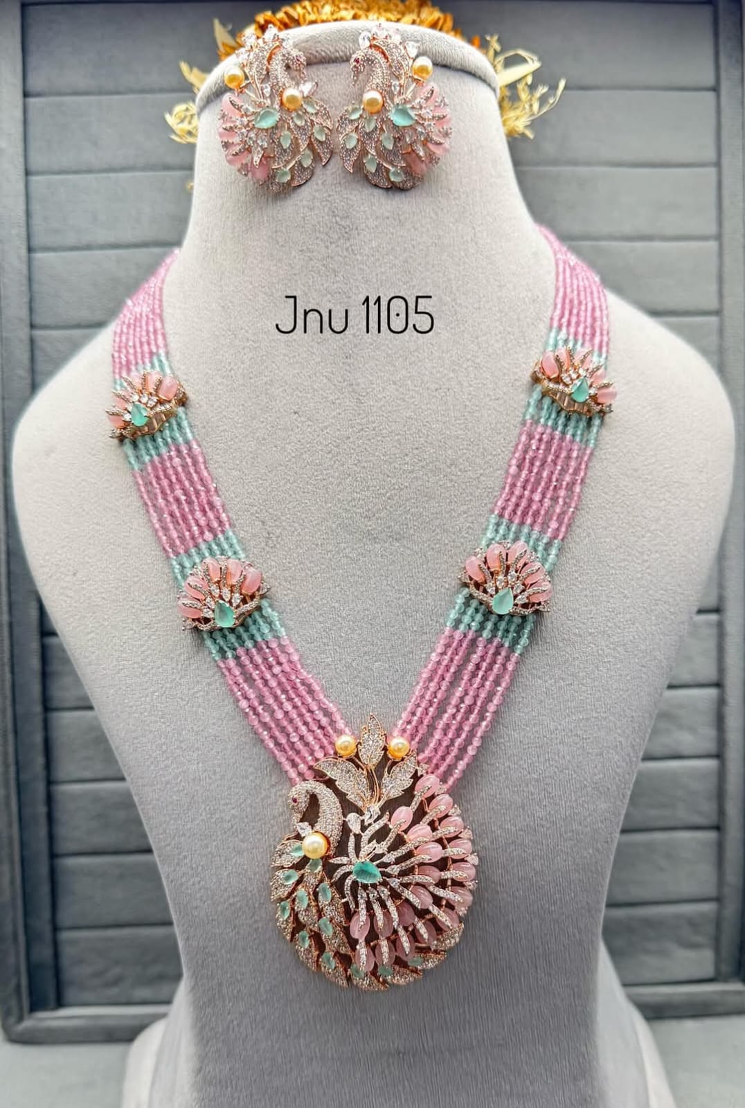 Pink Stone Onam Diaomnd Necklace Set
