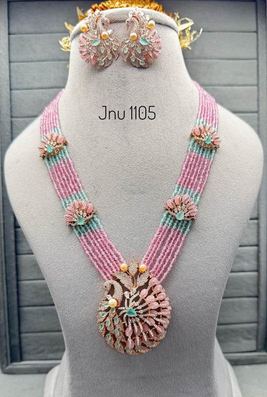 Pink Stone Onam Diaomnd Necklace Set